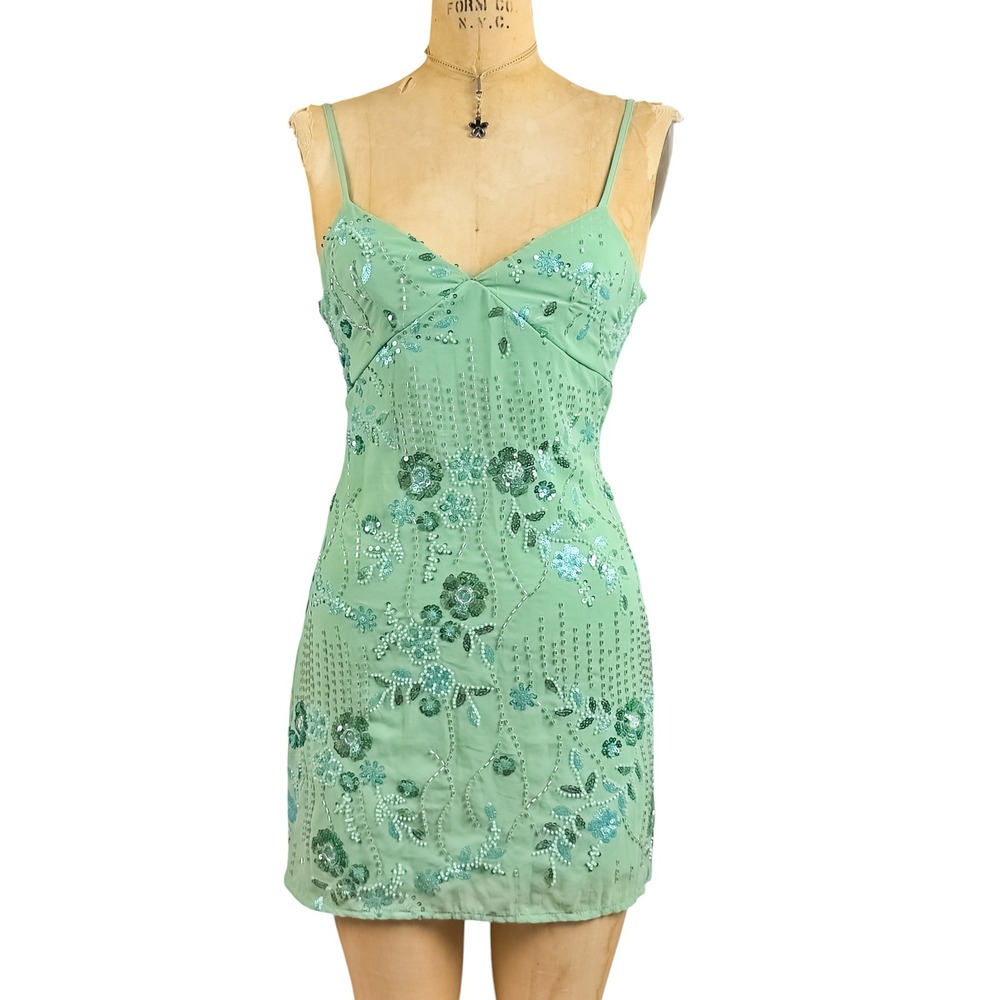 Y2K Sequin Beaded Floral Embellished Mini Dress Mint Green Party Prom Fairy S